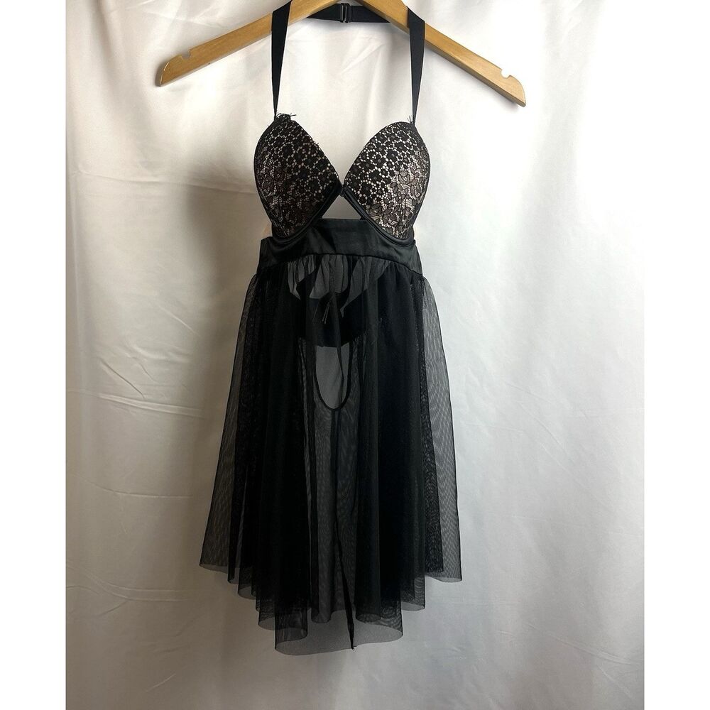 Victoria Secret Lingerie 34D Babydoll Push Up Black Lace Sheer Flyaway Underwire